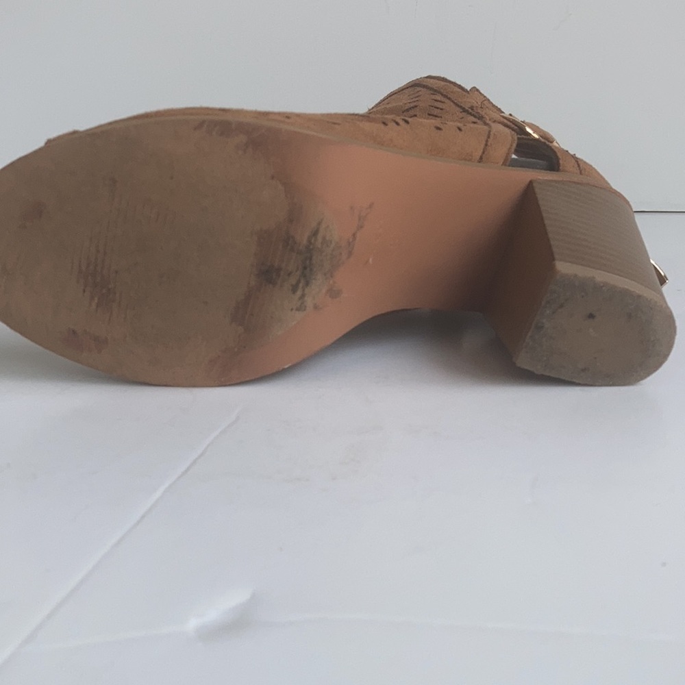 Love to Love You tan booties 4” heel open toe side gold buckle back zip - Picture 13 of 16